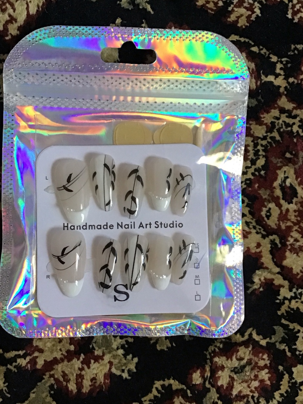 Handmade Press-On Nails w/ Black Branch Design. Reusable. Includes sticky patch